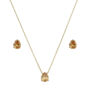 Conjunto de brinco e colar gota cravejado de zircônia citrino banho de ouro 18k